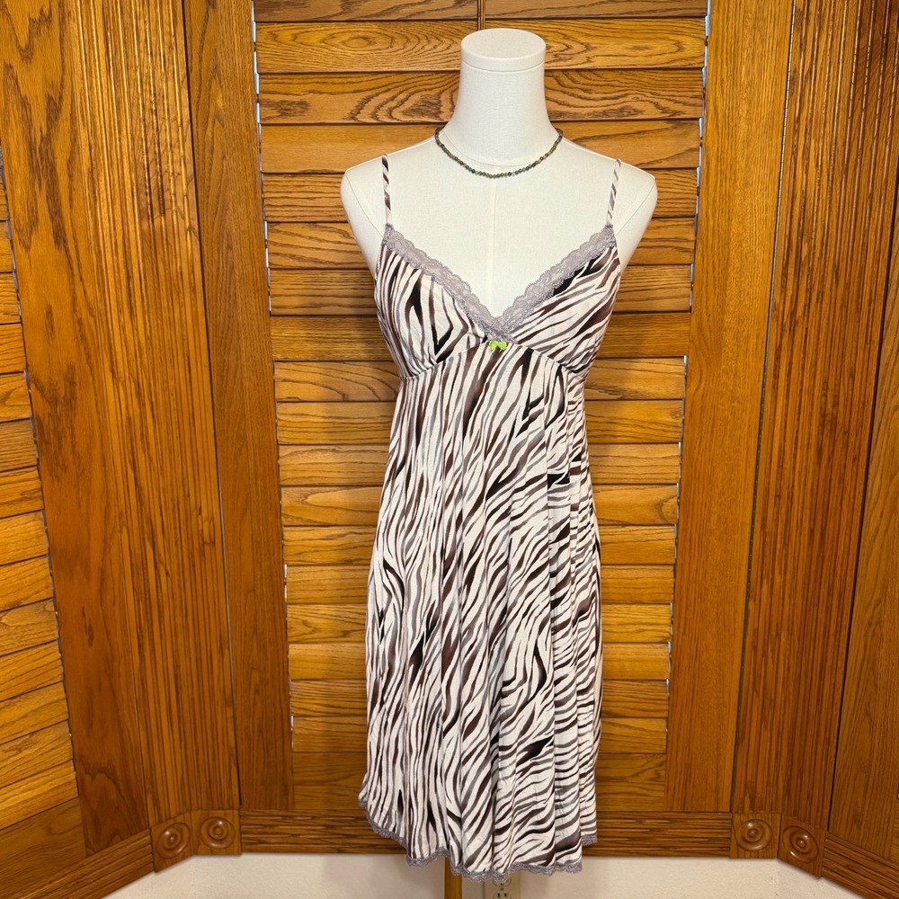 Victorias Secret Zebra Print Lace Trim Modal Chemise Nightgown Brown White M
